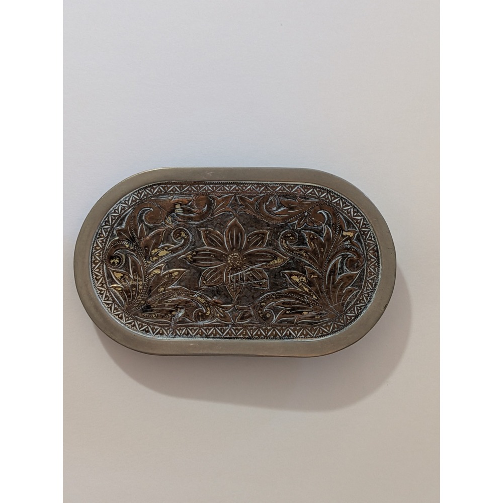 Vintage Floral Etched Oval Belt Buckle Western Boho Silver Tone Patina Metal